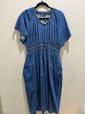 Blue Denim V-Neck Smocked Waist Dress